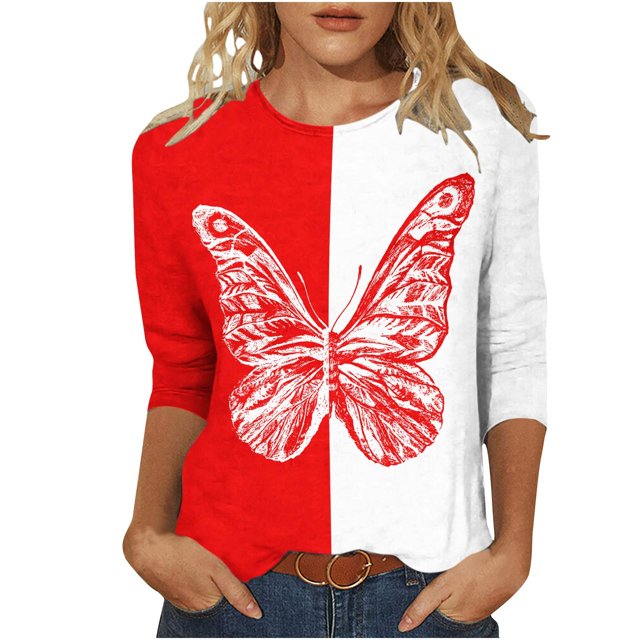 Hauts à Manches 3/4 pour Femmes Mode Féminine T-Shirt Imprimé Ample Blouse Mi-Longue à Manches 3/4 Col Rond Hauts Décontractés T-Shirts en Coton pour Femmes T-Shirts pour Femmes Mode