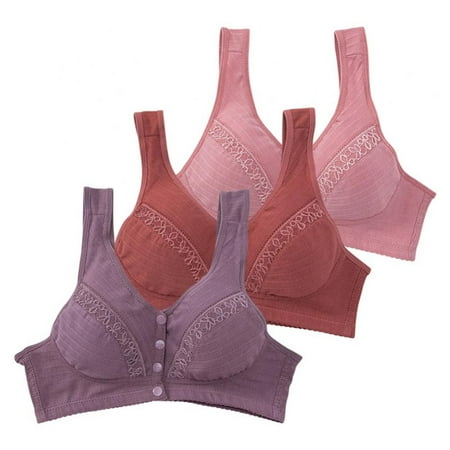 

3PCS Everyday Bras for Women Comfort Daily Brassiere Sexy Lace Front Button Lingerie Stretch Underwear Extra-Elastic Wirefree Plus Size Shaping Cup Shoulder Strap