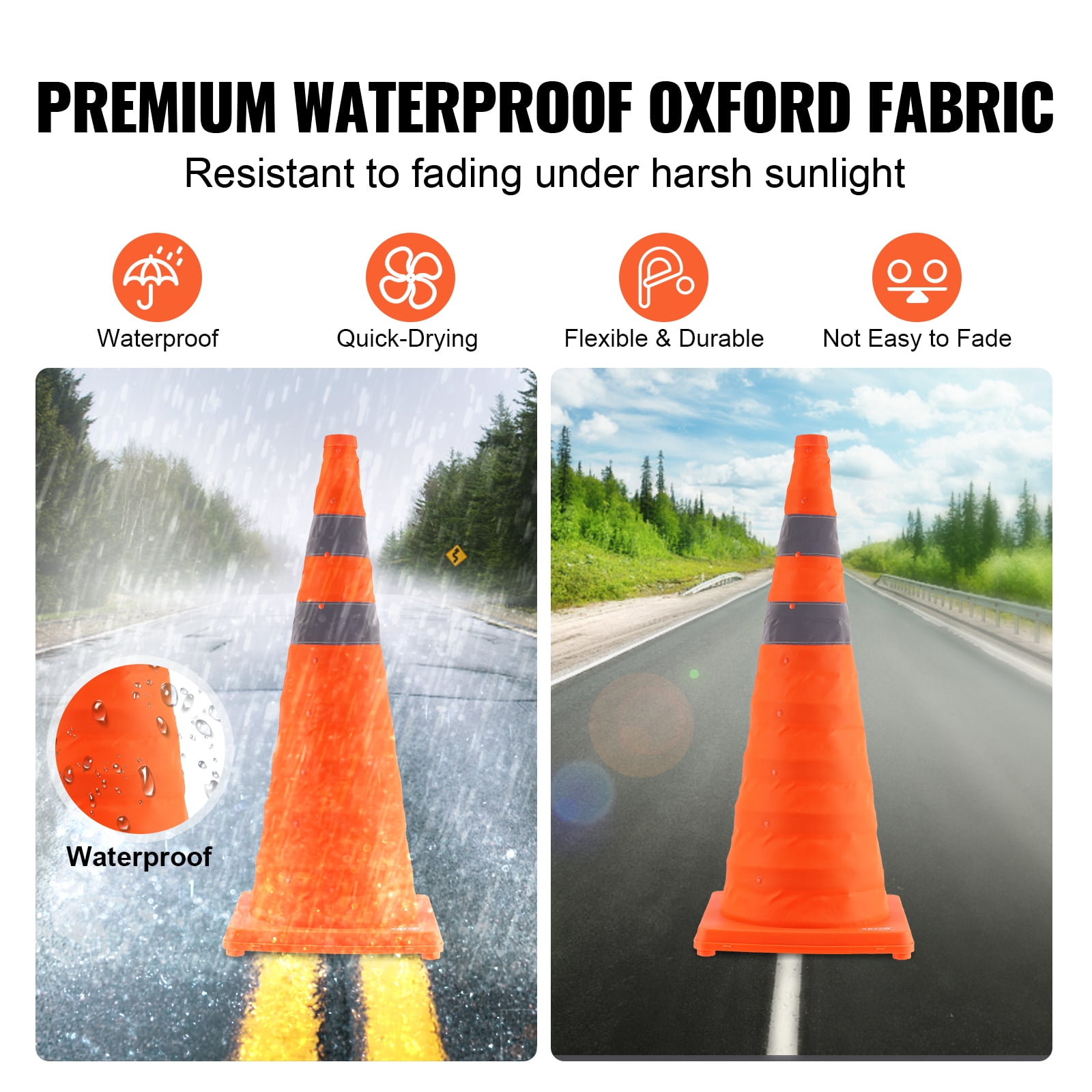 KFFKFF Safety Cones 4 pcs 28" Collapsible Traffic Cones with Reflective Collars for Parking Lot, Road Parking, Driving Practice, Roadside Emergency and Vehicle Safety, Orange, 4 Pack