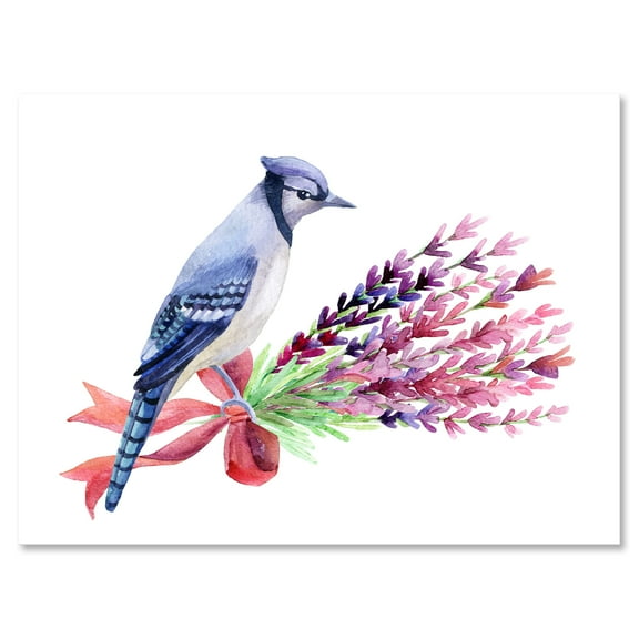 Designart ' Blue Jay Bird On Bouquet Of Pink Flowers ' Traditional Canvas Wall Art Print