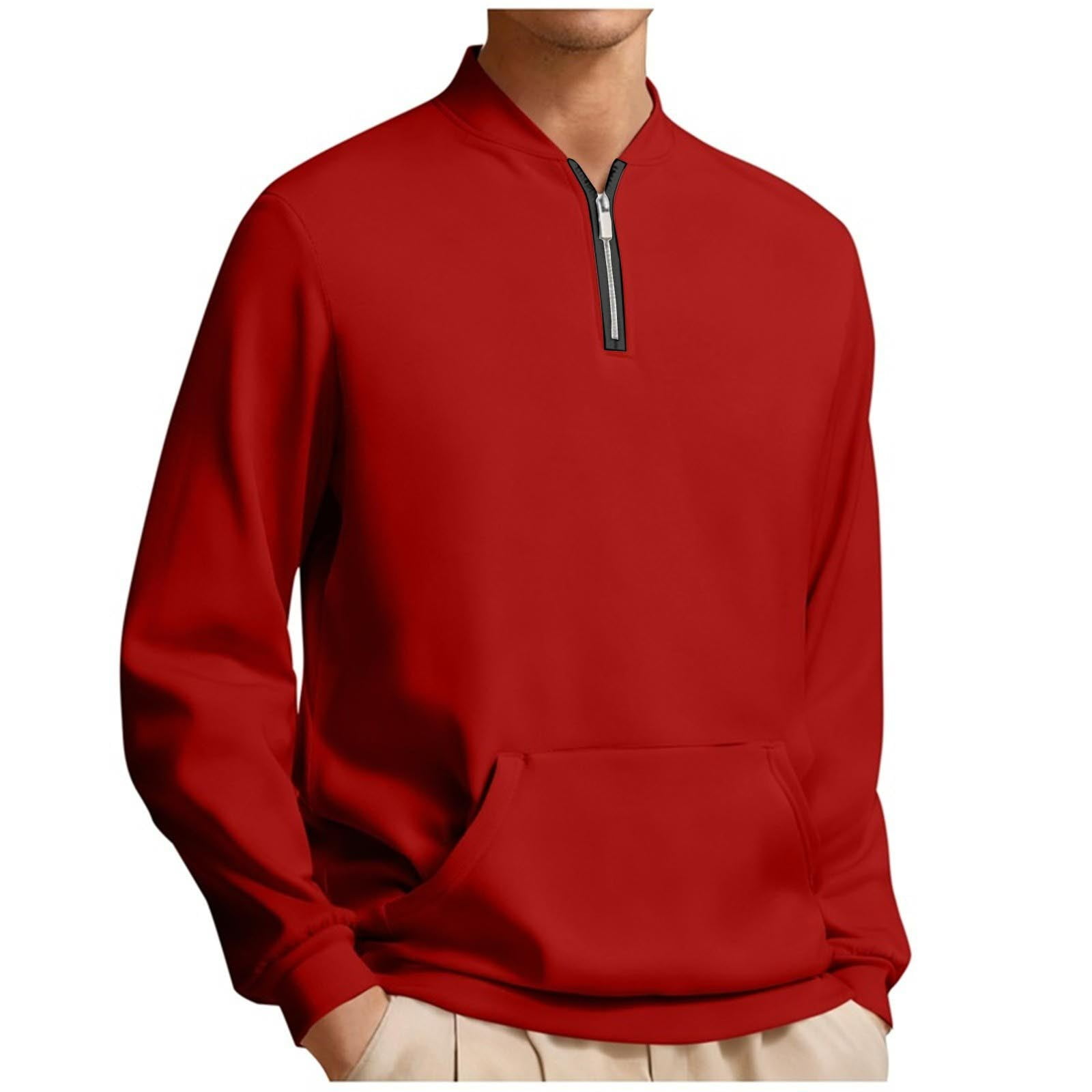 Mens Sweatshirt Quarter Zip Laple Collar Sweatshirts For Men Fleece Winter Fall Solid Shirts Hiking Clothes Outdoor (Red,XXL)