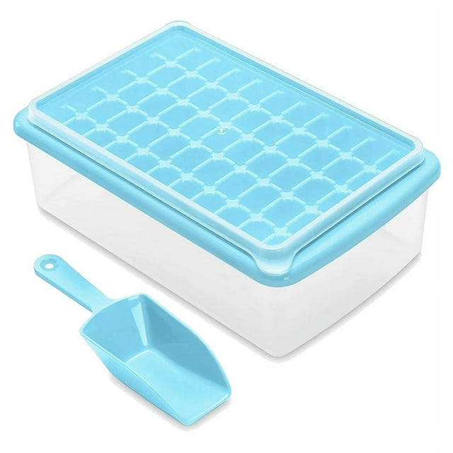 Bandeja para cubitos de hielo con tapa y recipiente para almacenar, bandeja para 55 cubitos de hielo, color azul