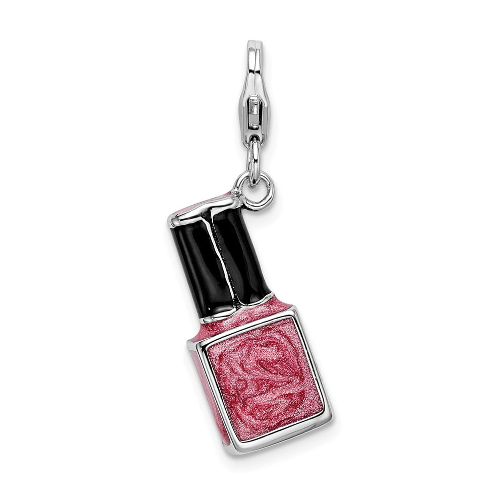 925 Sterling Silver RH 3-D Enameled Pink Nail polish Bottle With Lobster Clasp Charm Pendant; for Adults and Teens; for Women and Men