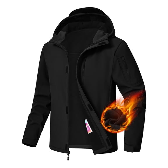 Muvtei Men's Hooded Softshell Jacket Fleece Lined Waterproof Hooded Soft Lightweight Windbreaker Shell Jacket Outdoor Hiking Rain Jacket Black-L