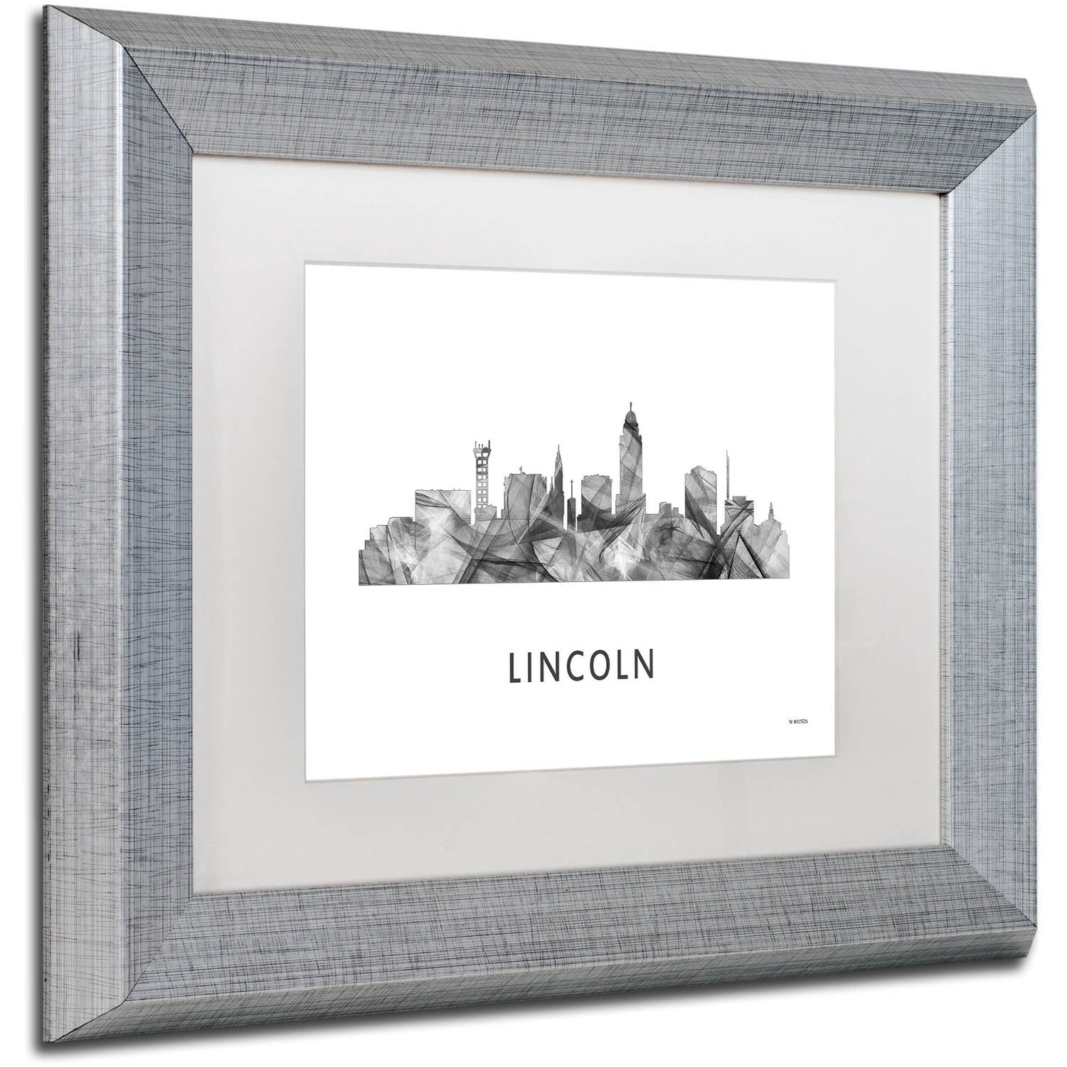 Trademark Fine Art 'Lincoln Nebraska Skyline WB-BW' Canvas Art by Marlene Watson, White Matte, Silver Frame