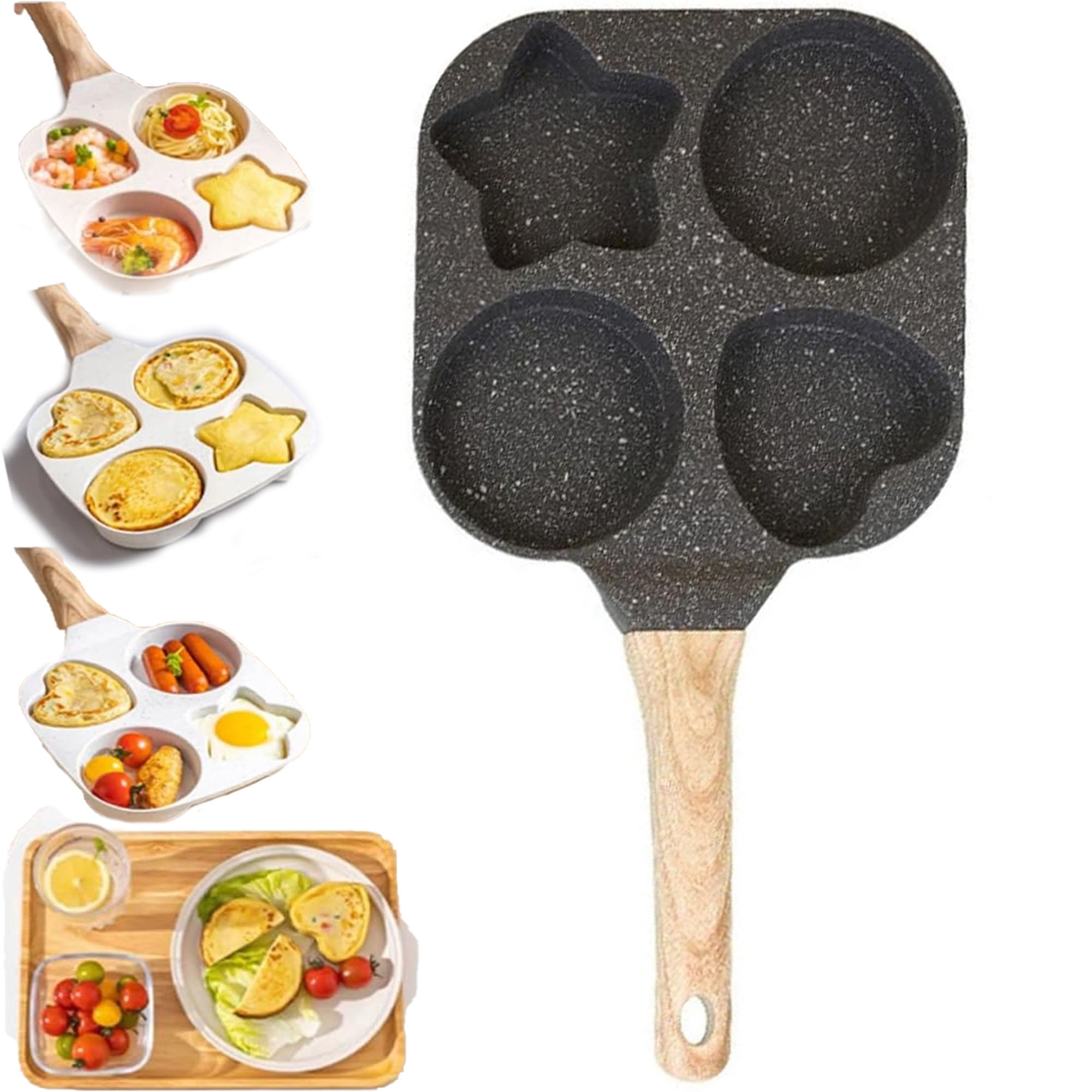 1 Set 4 Hole Skillet with Handle, Mini Pancake Maker for Breakfast, Non Stick Egg Frying Pans 4 Holes Shapes Mold, Multi-Purpose Flat Pan for Indoor Cooking, Griddle Top for Egg Mcmuffin(Beige)