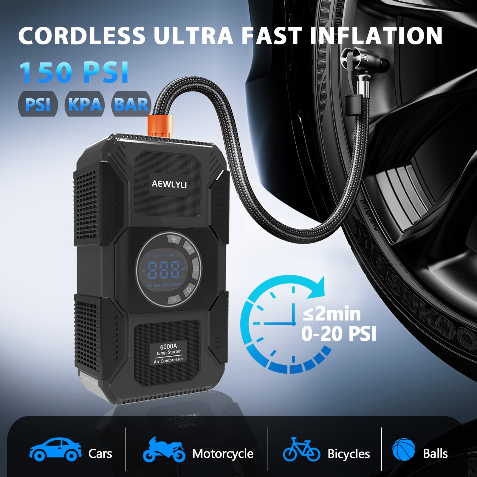 AEWLYLI Portable Car Battery Jump Starter with Air Compressor, 6000A 12V Jump Box, 150PSI Tire Inflator, LCD Display, LED Light, for Up to 9.0L Gas & 8.0L Diesel Vehicles