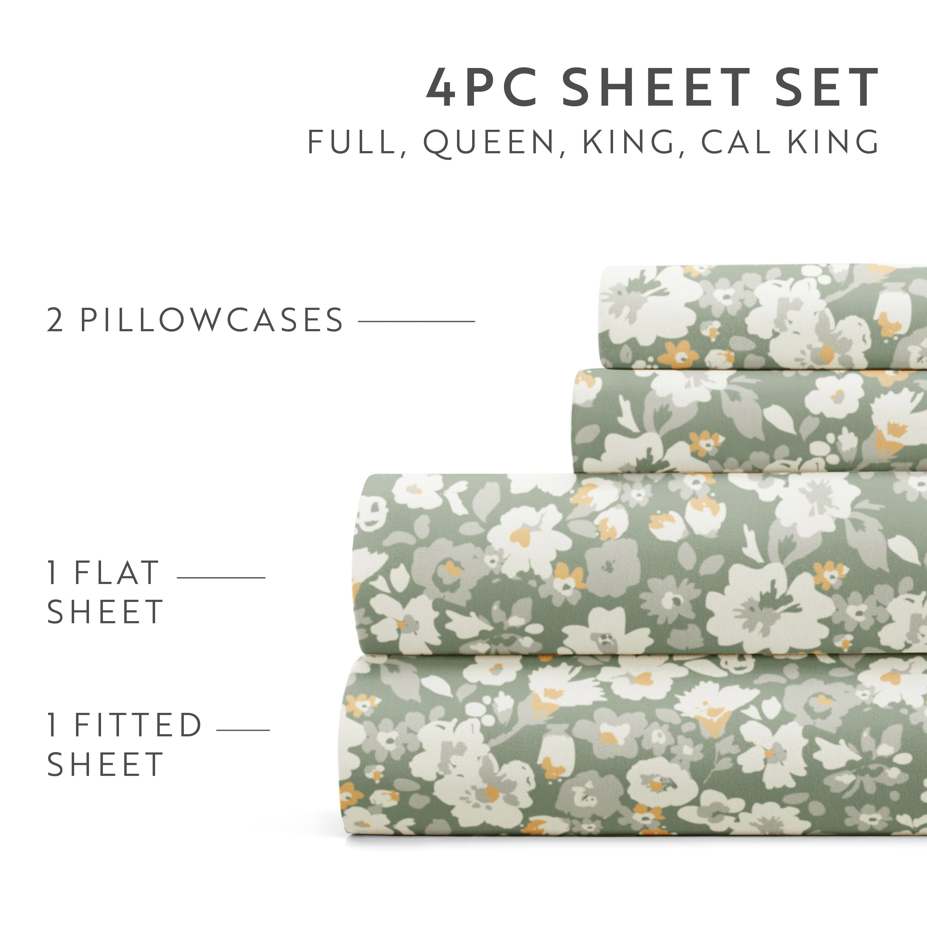 Noble Linens 4 Piece Pattern Microfiber Bed Sheets Set, Floral Dream Eucalyptus, Cal King