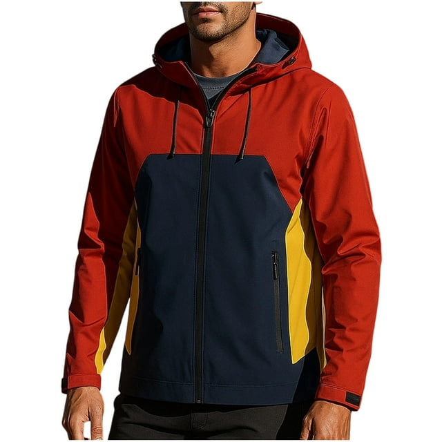 ShomPort Waterproof Jackets for Mens Long Sleeve Drawstring Color Block Zipper Hooded Coats Climbing Running Athletic Outcoats