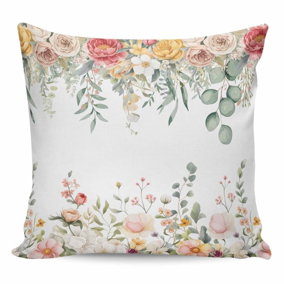 Spring Floral Pillow Covers 18x18 Inch Decorative Throw Pillow Cover, Watercolor Roses Eucalyptus Leaves Botanical Sofa Pillowcases Accent Cushion Case Home Decor Bedroom Living Room