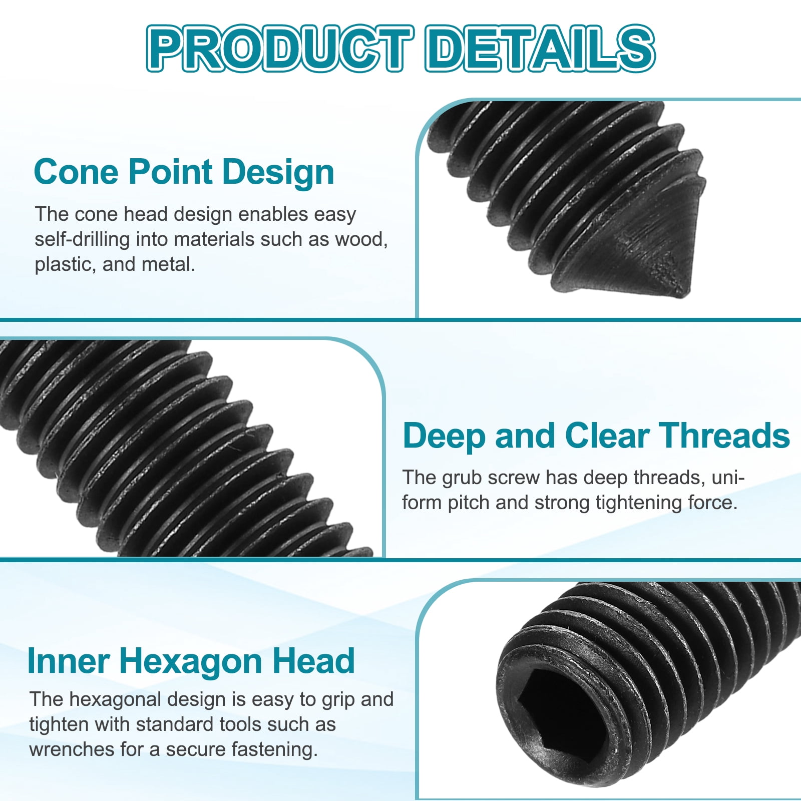 15 Pcs M16x25mm Set Screws, Carbon Steel Cone Point Hex Socket Grub Screw