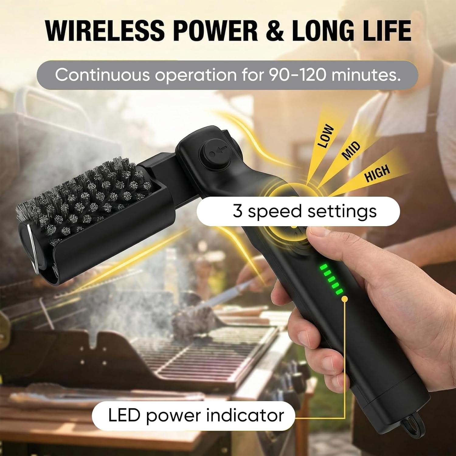 Cordless Electric Grill Brush Cleaner, Motorized Bbq Scrubber for Outdoor Grilling Cleaning, 7-Angle Adjustable Head with 3 Speeds