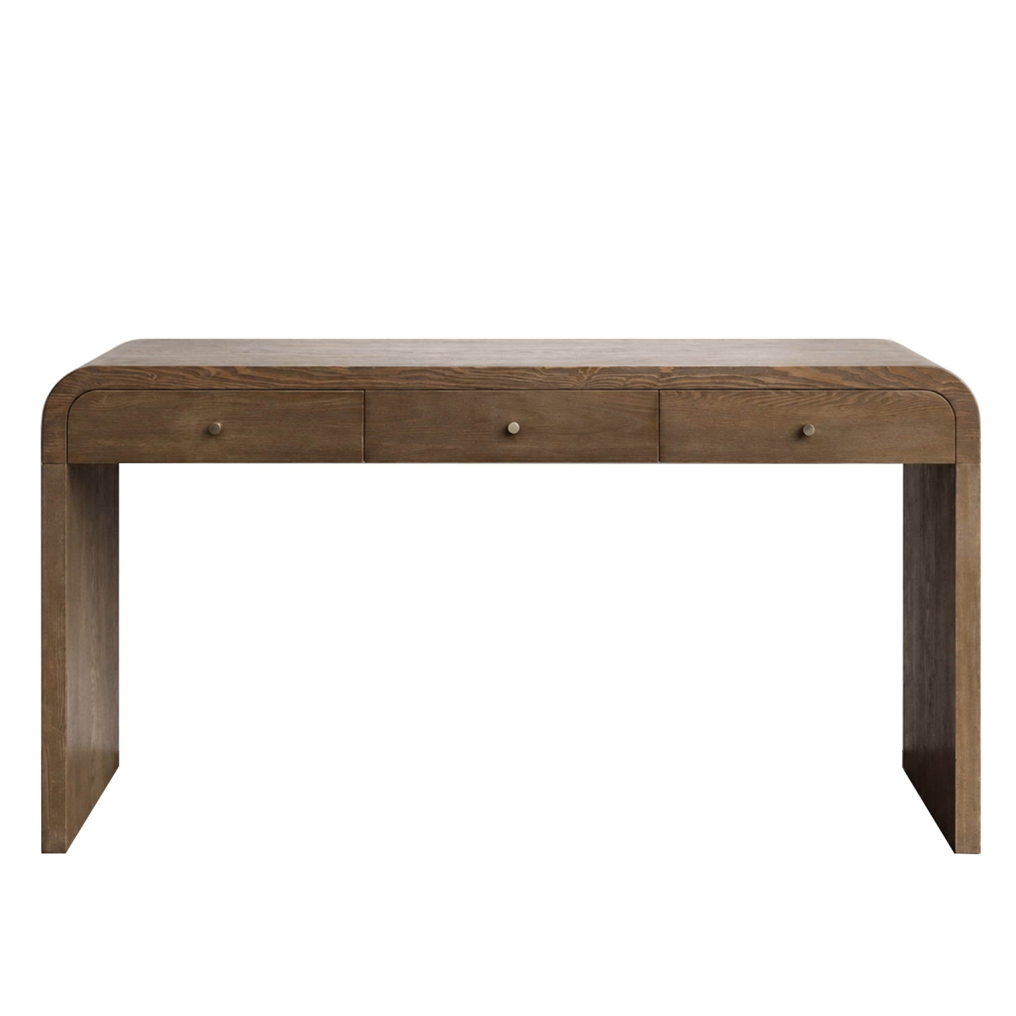Leumius Curved Side Table with 3-Drawer, Entryway Sofa Table with Gold Pull Handles, Storage Accent Table for Living Room Hallway Foyer Dark Brown