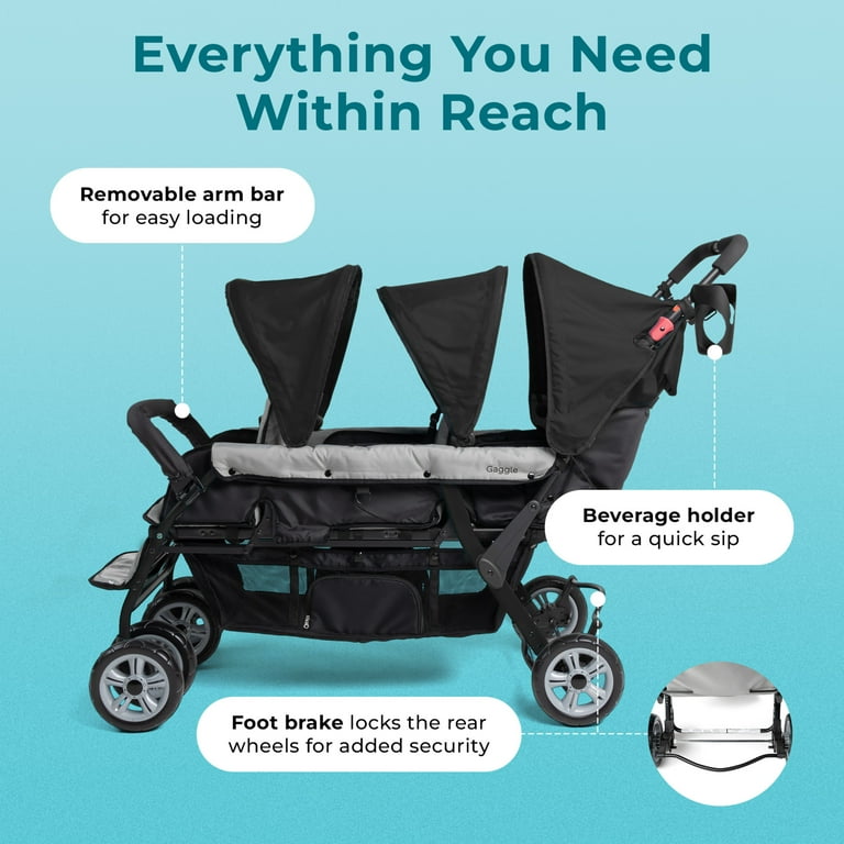 Foundations Compass Trio Triple Stroller, 3-Seat Tandem with UV Canopies and Reclining Seats, Black