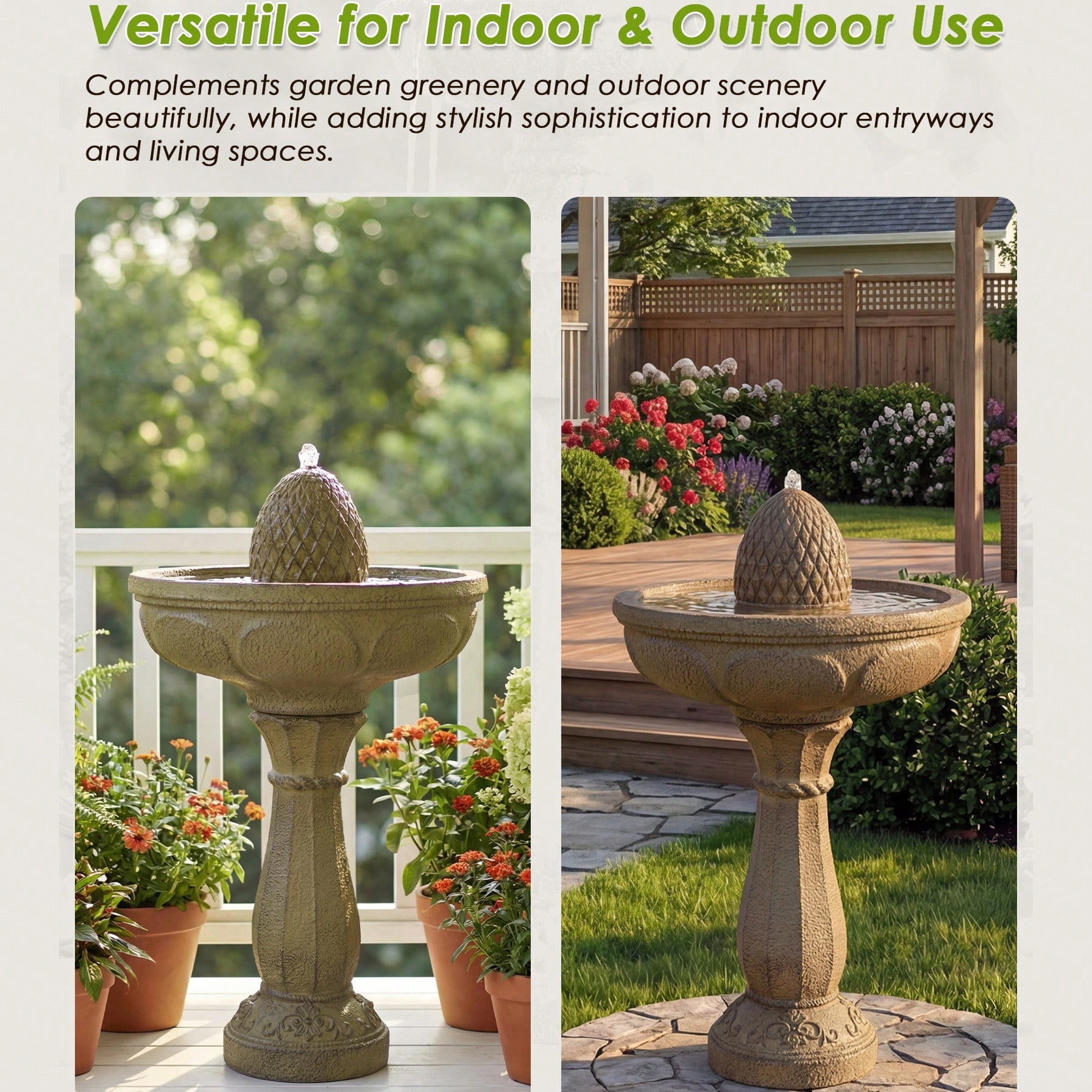 33.3 Inch Classic Pineapple Top Pedestal Water Fountain, 2 Tier Resin Waterfall Feature, Auto Shutoff Protection, Stable Anti-Splash Water Flow for Yard Lawn Patio Garden Decor