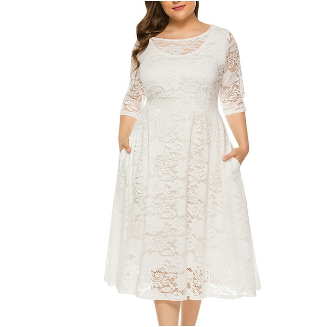 CEHVOM Robe de Soirée pour Femme, Grande Taille, en Dentelle Ajourée avec Poches, Jupe Longue, Solde