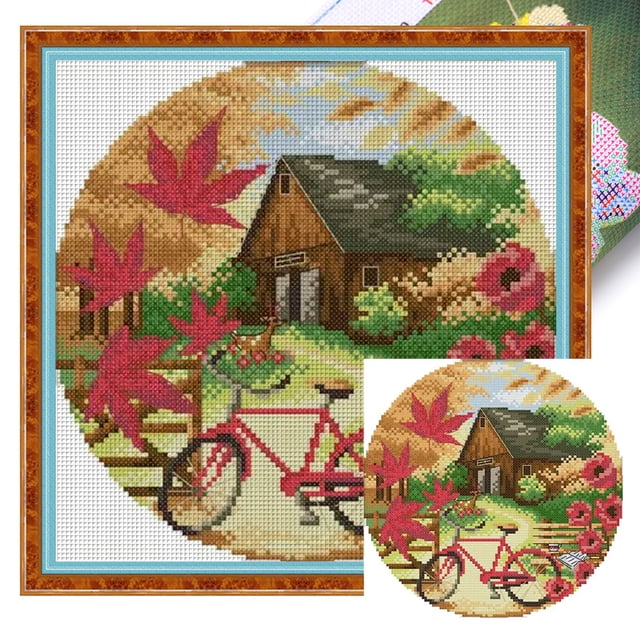 Hilo de bordar algodón ecológico 14CT estampado paisaje otoñal punto de cruz 26x26cm