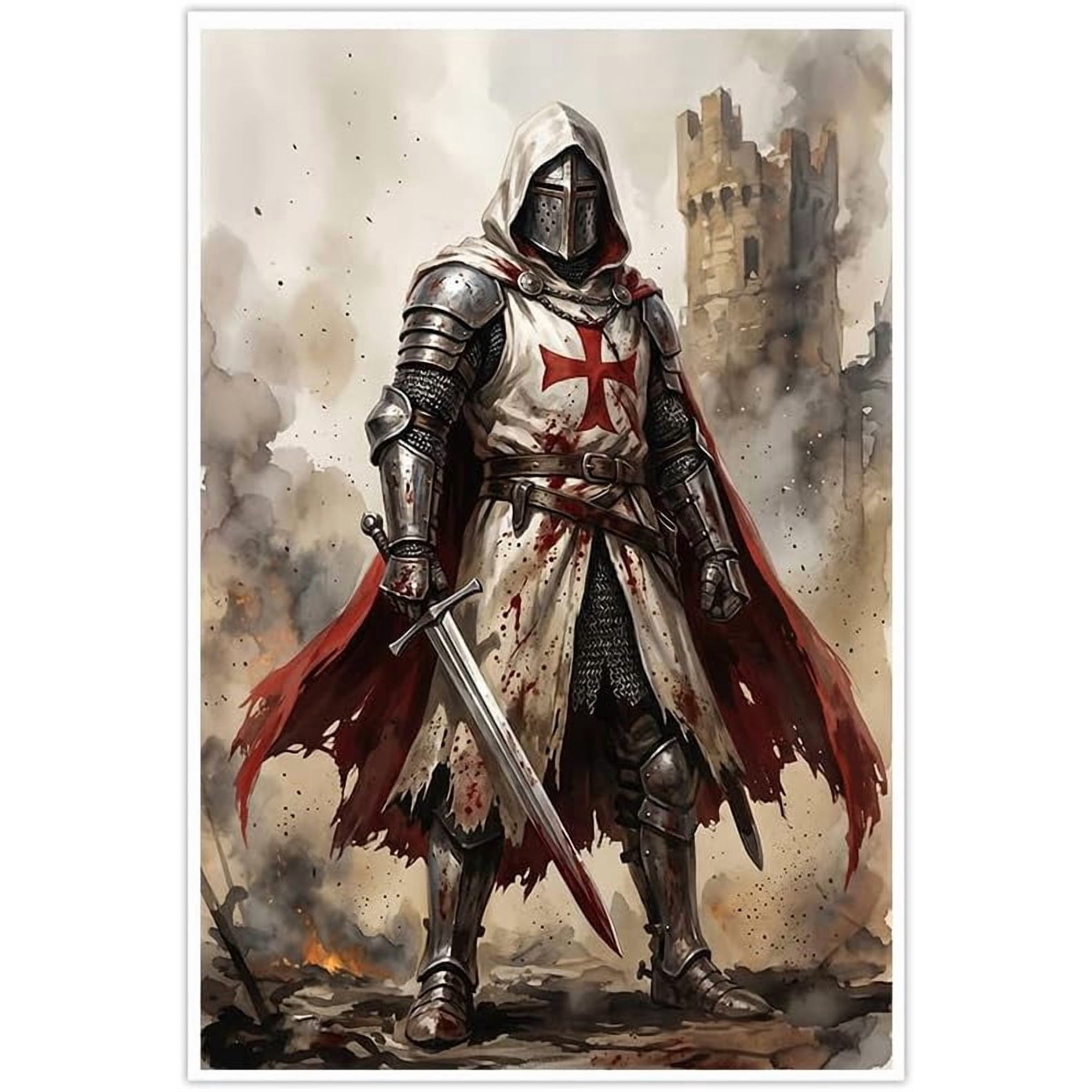 Medieval Knight Templar Poster Crusader Warrior Watercolor Print Wall Decor