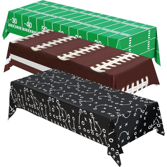 3-Pack Football Plastic Tablecloth Set - Waterproof & Oil-Resistant, Each 54" x 108" - for Game Day, Tailgate, Super Bowl, Birthday Party Decorations (Green, Brown, Black Designs)