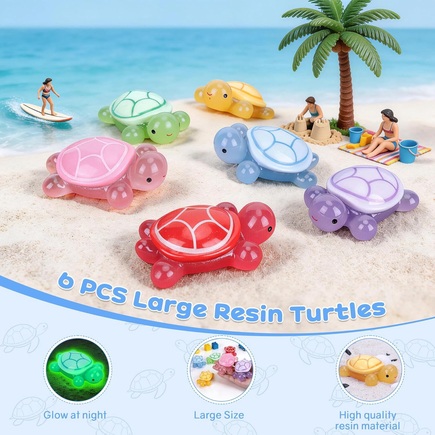 6 PCS Glow in The Dark Resin Turtles, Large Turtle Figurines for Aquarium Decor, Fish Tank Ornaments, Miniature Animals for Dollhouse, Fairy Garden, DIY Craft