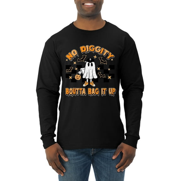 Wild Bobby No Diggity Boutta Bag it Up Ghost Bats Stars Pumpkin Halloween Orange and Black Halloween Men Long Sleeve Shirt, Black, Small