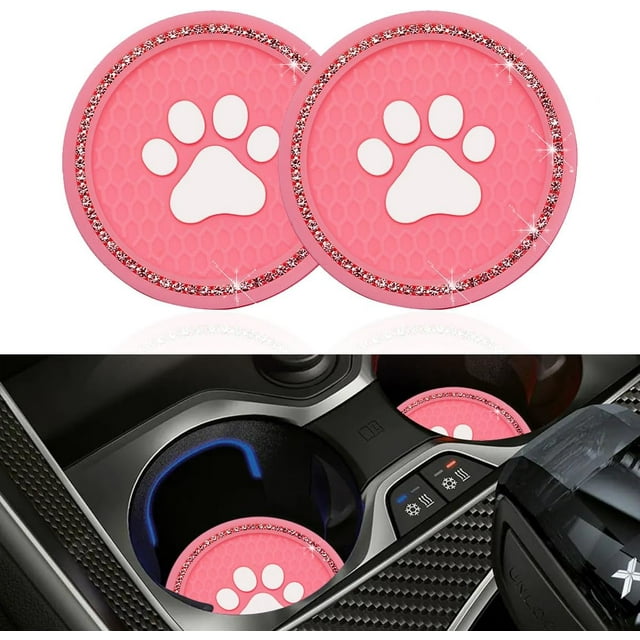 Yazoeia Bling Paw Car Cup Holder Coaster, 2 PCS Non-Slip Auto Cup Coasters, Shiny Crystal Rhinestone Insert Decorative Cup Mat, Universal Vehicle Interior Accessories for Most Cars (Light