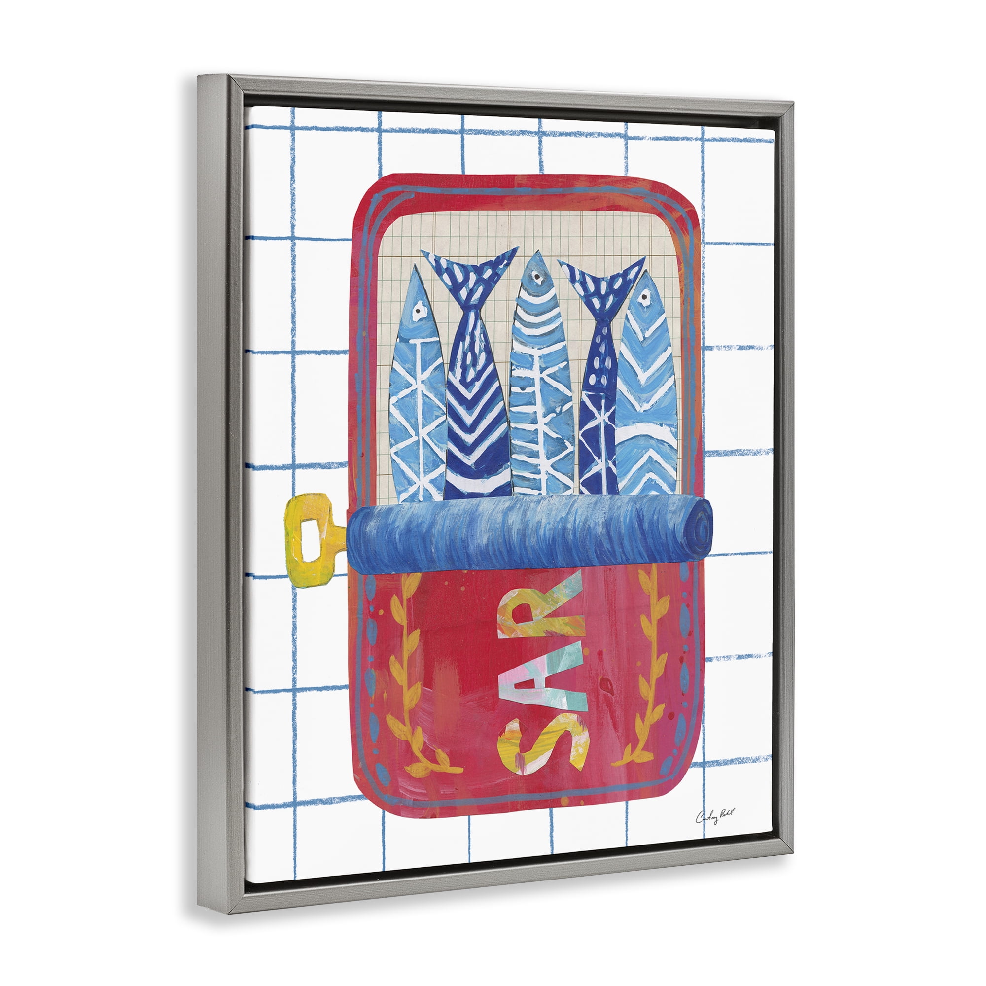 Stupell Industries Silly Sardines Red Tin Gray Framed Floater Canvas Wall Art, design by Courtney Prahl