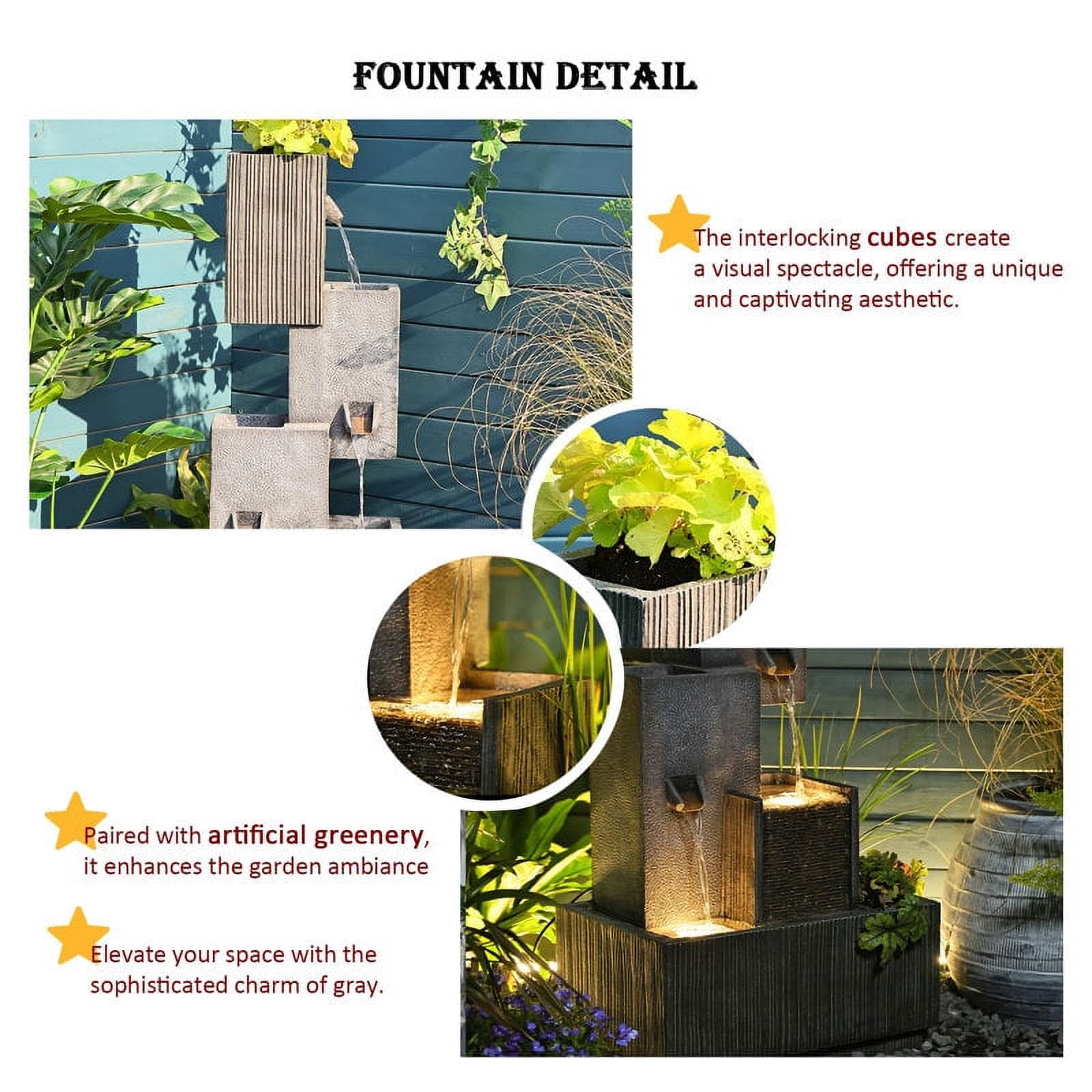 Modern Patio Fountain 4-Tier Outdoor Water Fountain Garden Water Feature Planter with LED Lights for Garden, Patio, Backyard, Deck, Porch and Home Art Decor