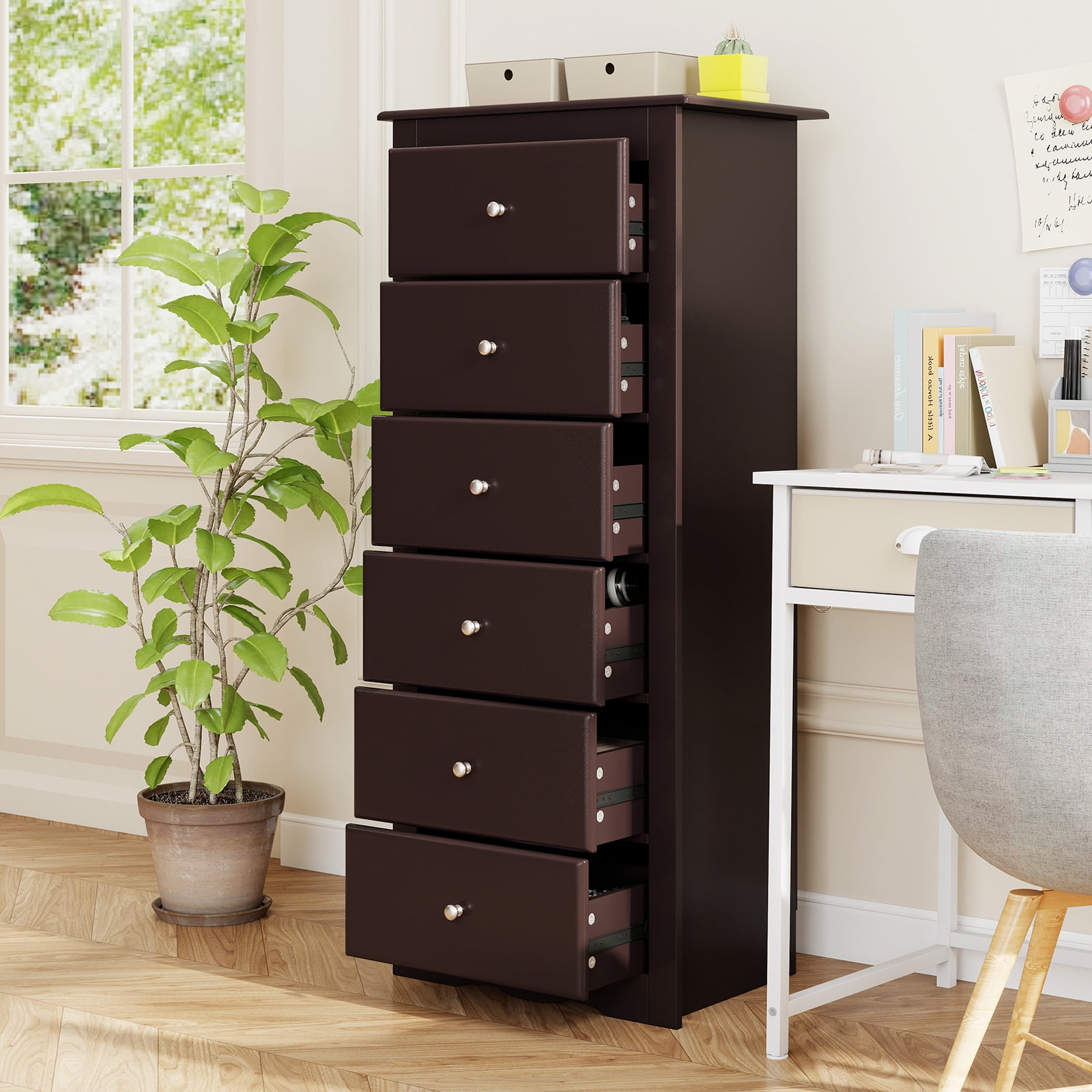 Giantex 6 Dresser Chest, Free Standing Wooden Storage Cabinet, Tall Dresser Clothes Organizer, Brown