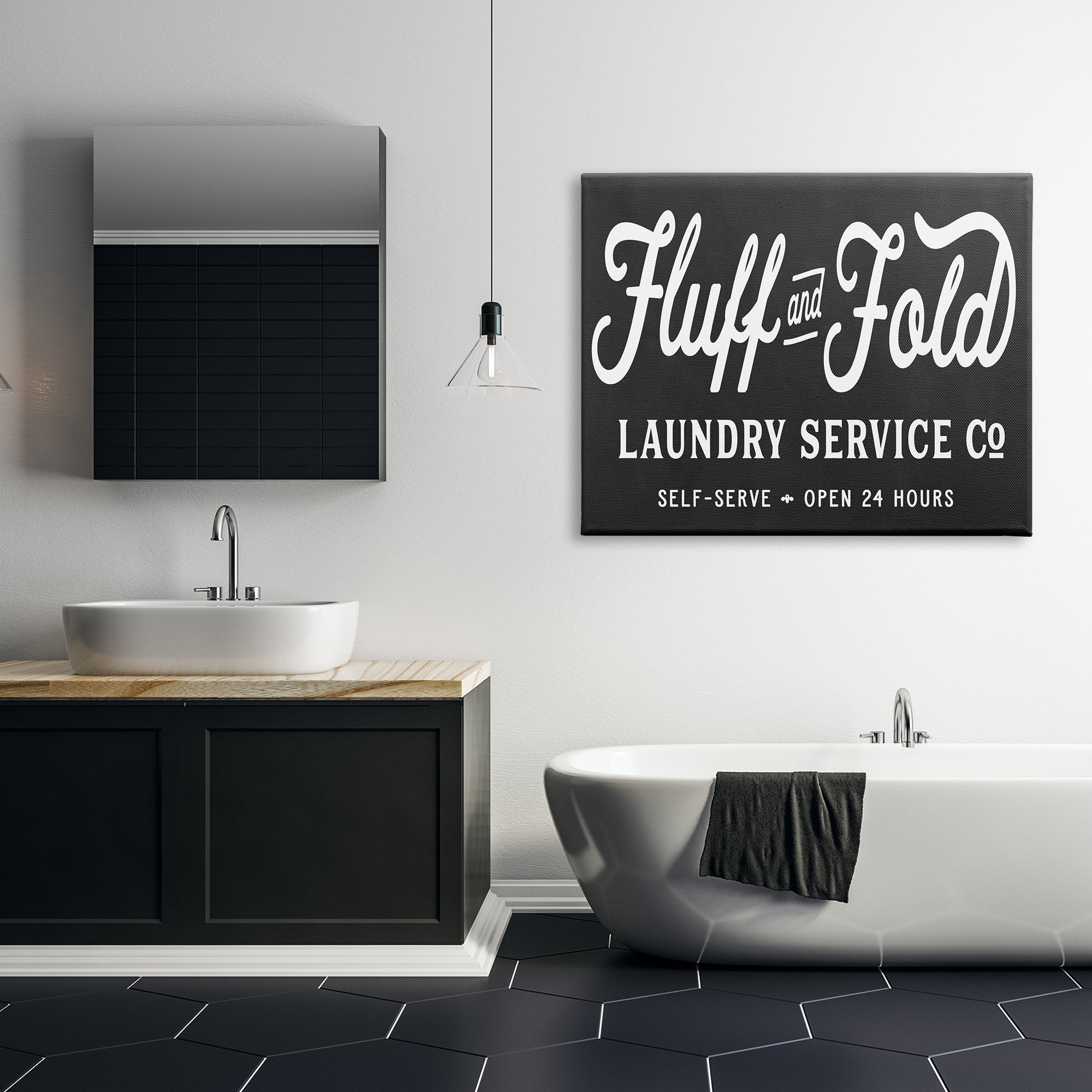 Stupell Industries Vintage Fluff and Fold Laundry Advertisement Black White Typography Painting Gallery Wrapped Canvas Print Wall Art, 36 x 48