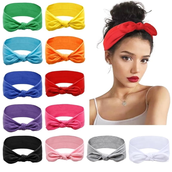 12 Pack Bunny Ear Headbands for Women, Stretchy Knotted Turban Headwraps, Soft Fashion Hair Accessories for Christmas, Sport, Daily Wear