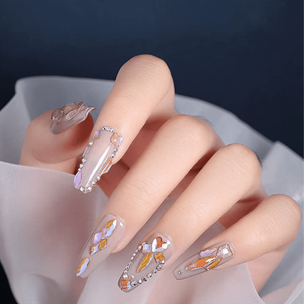 Amazon.com: Almond Shaped Fake Nails French Tip Pink Glitter Diamonds Press  on Nails Medium 24 Pcs Nude Stick on Acrylic Nails Glossy Full Cover False  Nails for Women Z564 : Beauty &