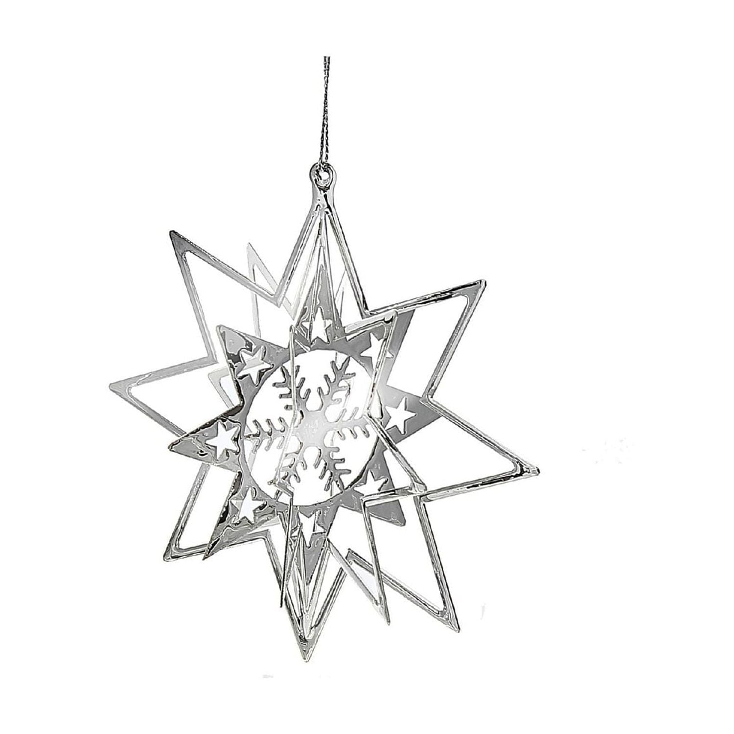 Christmas Spinning Silver Star Metal Ornament Snowflake - Set of 12