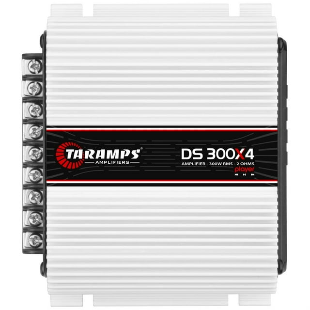 amplificador para coche taramps 300w 4 canales Vista cenital frontal del amplificador para coche Taramps 300W 4 canales con etiqueta 'DS 300X4' y logo; carcasa con aletas de disipación texturizadas (color negro según título), bloque de bornes metálico a la izquierda con conexiones de altavoz y alimentación visibles, dimensiones 5.43 x 1.93 x 4.72 pulgadas y especificación Clase D de rango completo. A menudo se usa para impulsar sistemas de audio automotriz de cuatro canales.