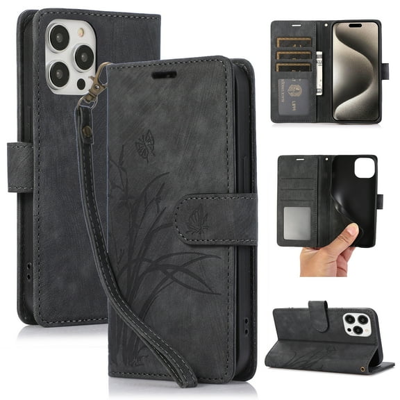 Flower&Butterfly Pattern Wallet Case for iPhone 15 Pro Max,Dteck Magnetic Leather Case Shockproof Rubber Kickstand Full Body Protective Cover with Wrist Strap,Black