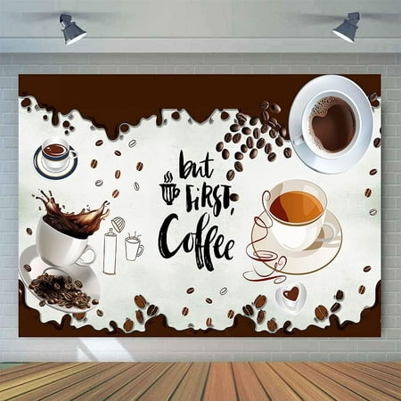 Image of Coffee Theme Background - Coffee Beans Photography Background for Coffee Shop Decor - 7x5FT