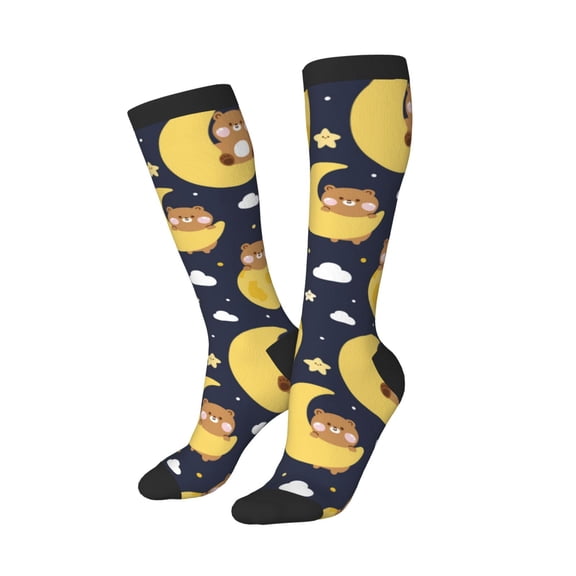Knee High Socks for Women Men Athletic - Moon bear Thigh-High Black Sole Comfort Breathable Long Socks for Casual Travel Running
