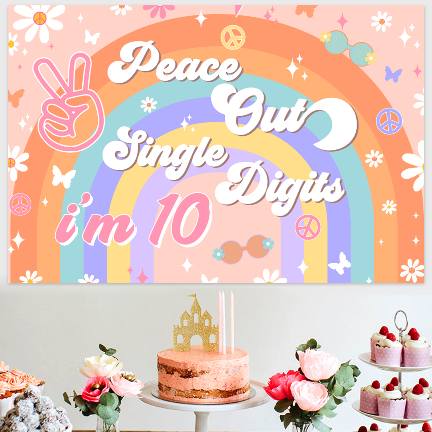 Boho „Peace Out Single Digits“ Deko Zum 10. Geburtstag – Banner & Backdrop