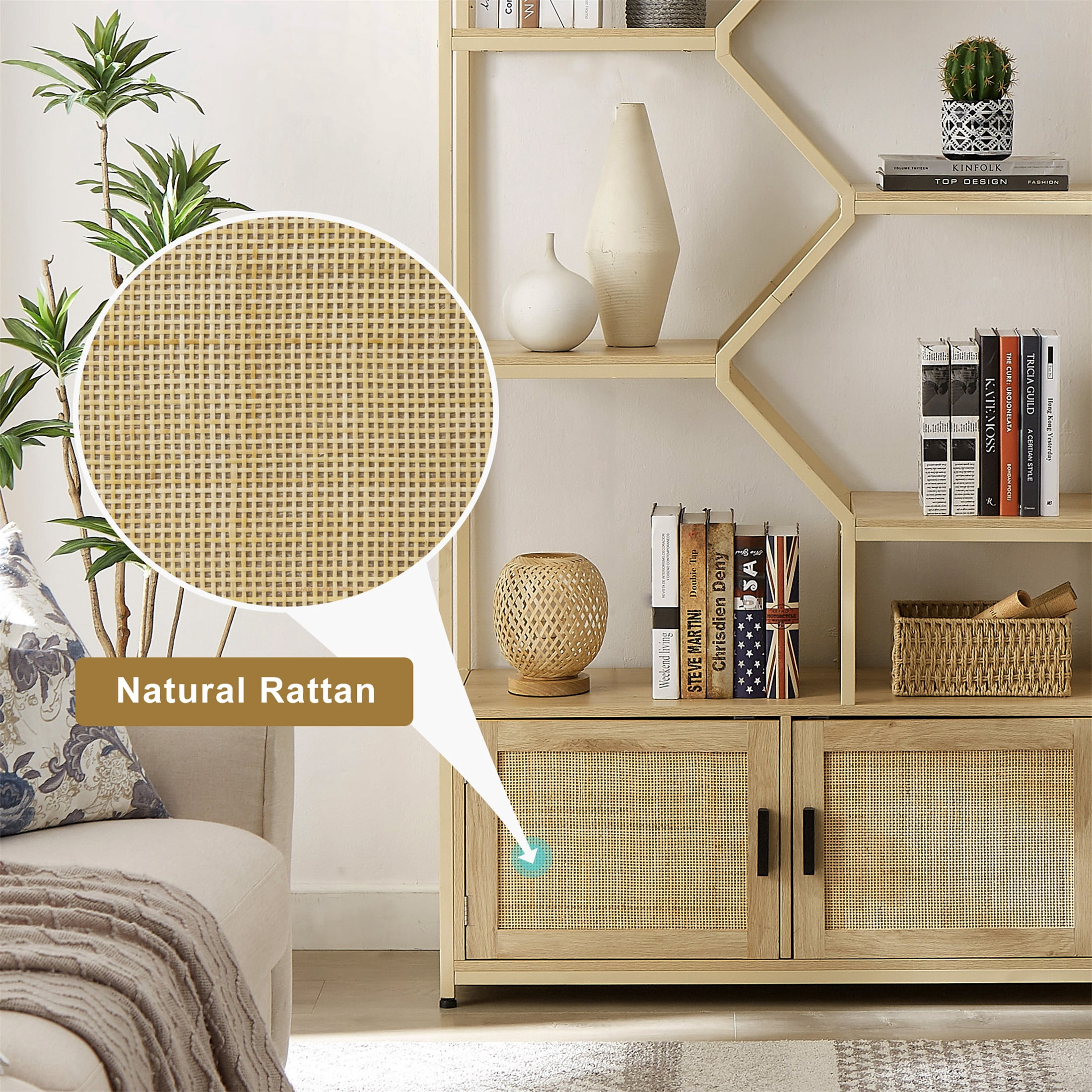 Porkiss Rattan 5-Tiers Storage Bookcases with Doors, Natural Finish