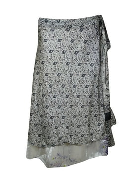 Mogul Women Gray Magic Wrap Skirt 2 Layer Printed Vintage Sari Reversible Boho Gypsy Beach Wear Wrap Around Skirts