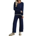 thumbnail image 2 of Womens Two Piece Outfits Casual Long Sleeve Knit Sweater Tops Matching Wide Leg Pants Tracksuit Lounge Sets Navy Blue S, 2 of 7