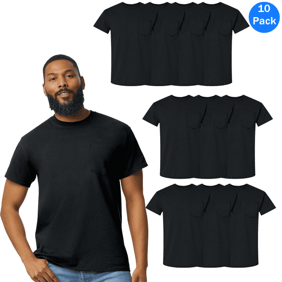 Gildan Men's Ultra Cotton Pocket T-Shirts, Blank T-Shirt, Bulk Short Sleeve Black Tee, Pack 10, S