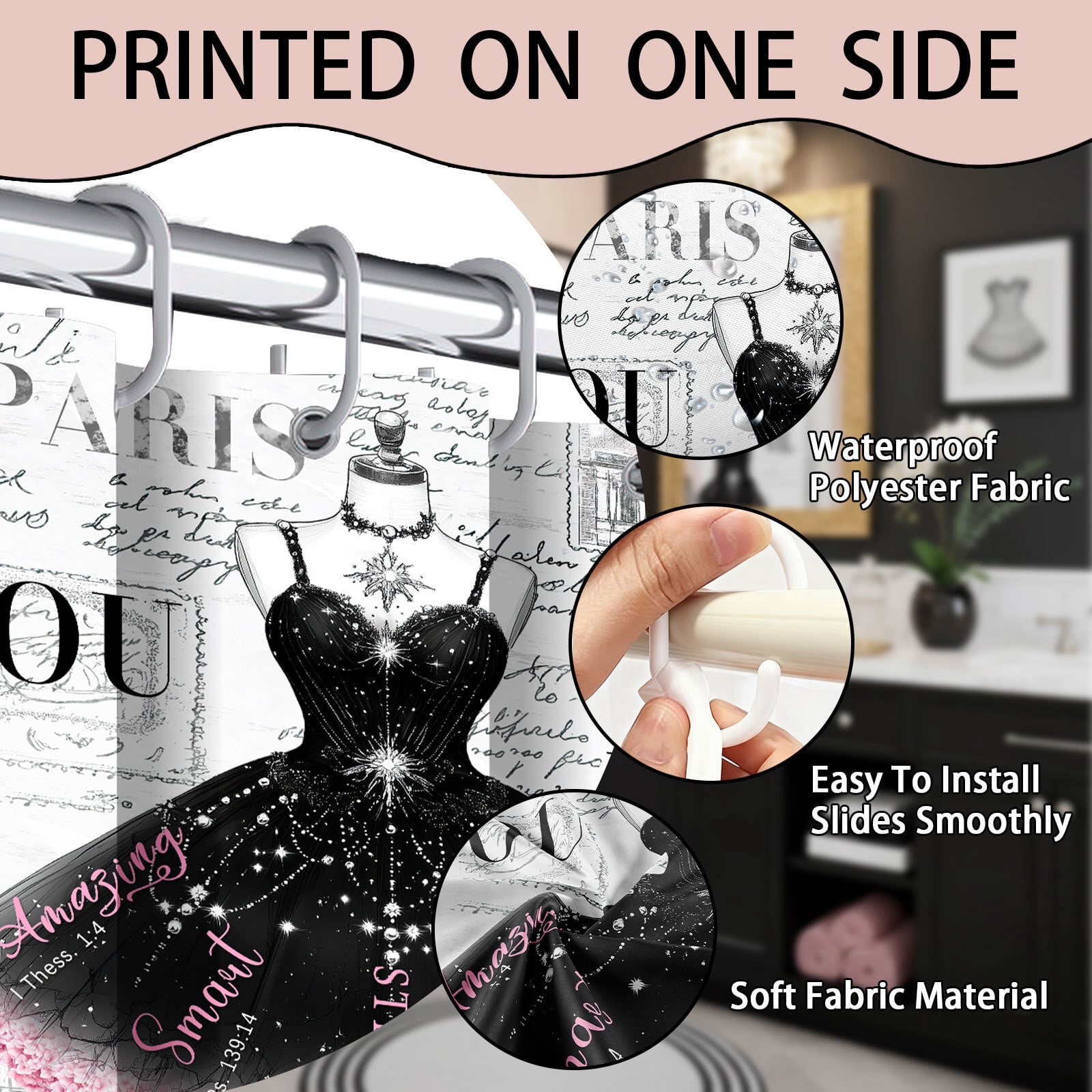 Black Girly Dress Shower Curtain, Fashion Modern Ballet for Girls Women Bath Curtain, Eiffel Tower Paris Perfume High Heels Makeup Bathroom Decor Fabric Polyester Waterproof with Hooks,60X70in