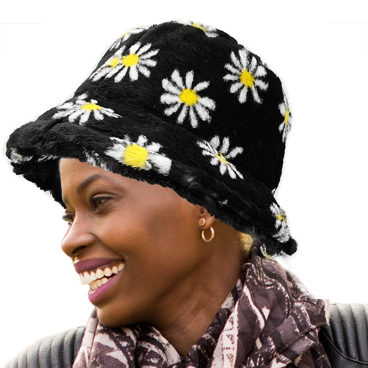 Black Floral Faux Fur Bucket Hat 