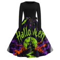 thumbnail image 2 of Women's Halloween Dress Bat Printed Long Sleeve Spooky Tea Length Dress Skeleton Hepburn Crew Neck Fall Swing Dress with Belt M, 2 of 6