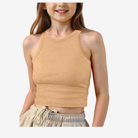 Ticikt Girls Ribbed Knit Crop Tank, Breathable Sleeveless Crew Neck Fitted Top for 7-16Y Kids,Yellow