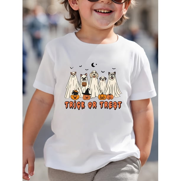 Boys' Halloween T-Shirt - Trick or Treat Graphic Tee with Ghosts, Pumpkins & Black Cat - Soft Round Neck Shirt for Trick-or-Treating, Parties, everyday - Toddler & Kids Casual Top