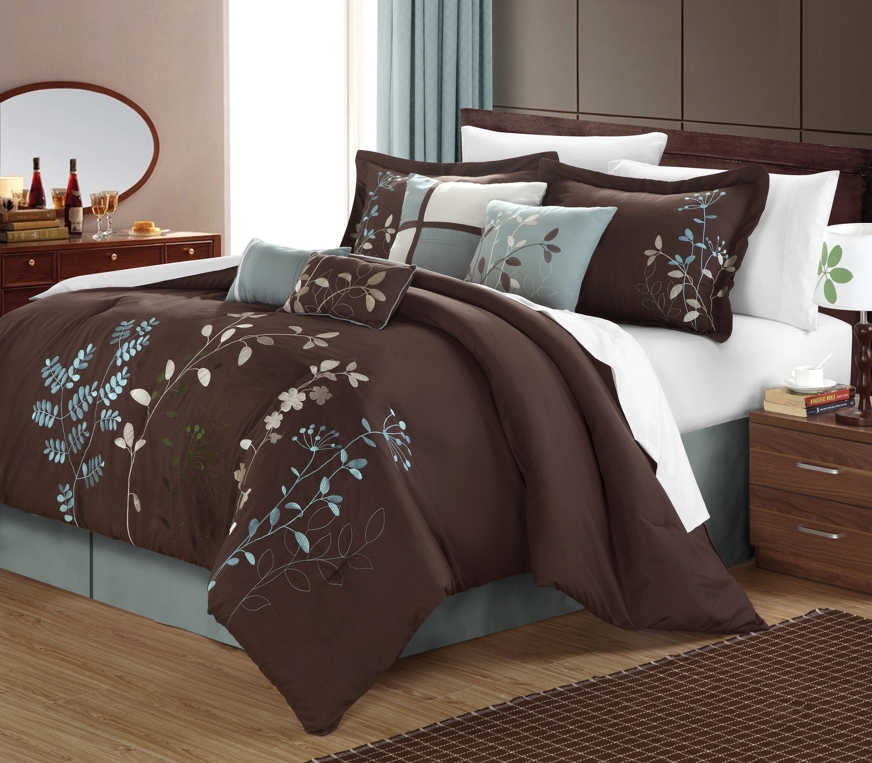 NEW ~ COZY CHIC MODERN  IVORY WHITE RED BROWN TAUPE LEAF VINE COMFORTER SET 