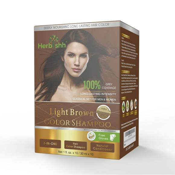Herbishh Couleur de Cheveux Shampoing Voyage Taille avec Masque de Cheveux d'Argan - 10+1 Pack (Brun Clair)