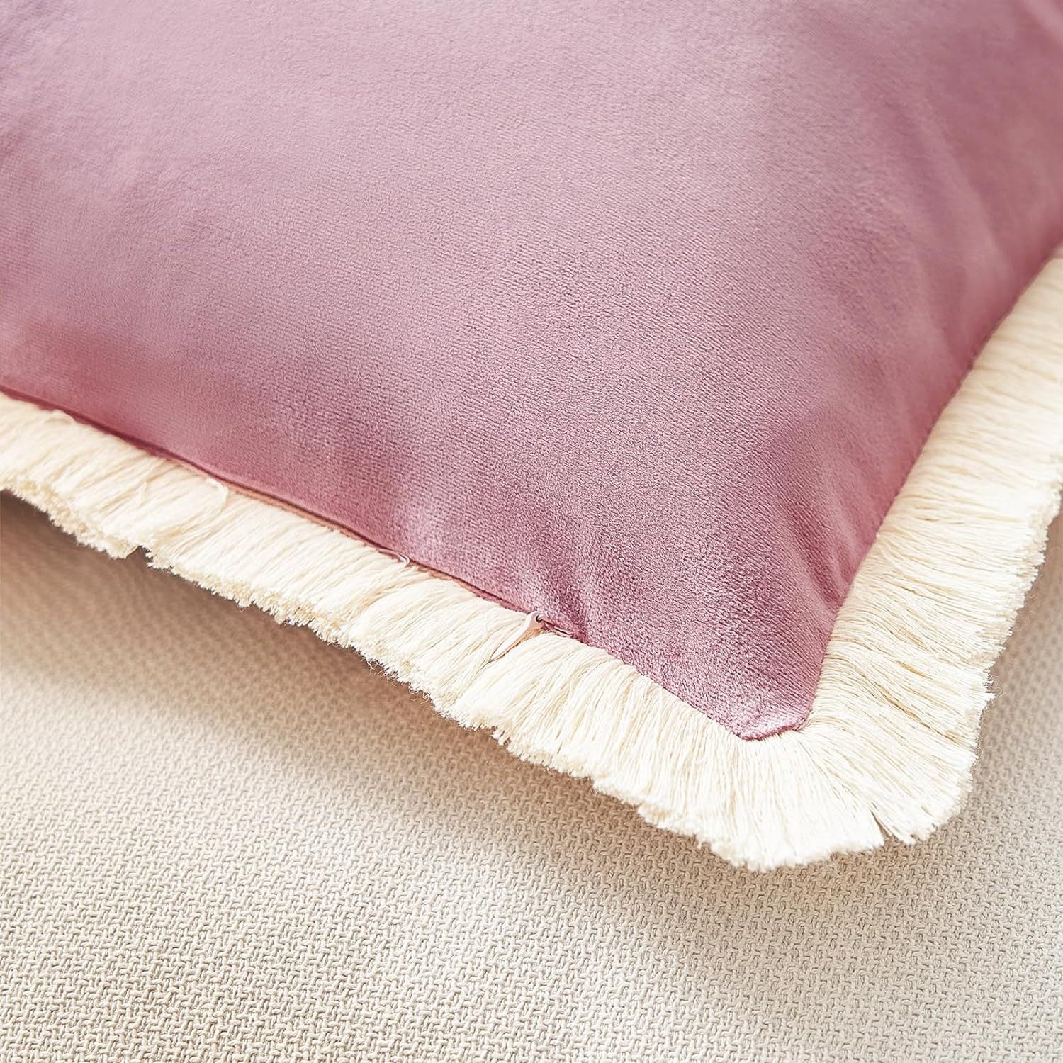 Yumcute Pillow Covers 20x20 Set of 2 Beige Throw Pillow Covers with Fringe Chic Cotton Decorative Pillows Square Cushion Covers for Sofa Couch Bed Boho Decor